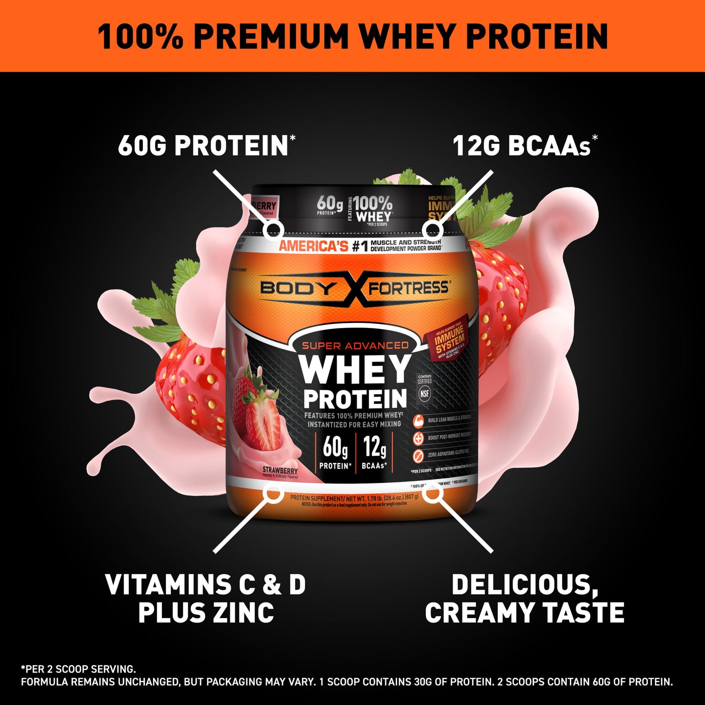 Body Fortress Super Advanced Whey Protein Powder, Vanilla, Immune Support (1), Vitamins C & D Plus Zinc, 1.74 lbs