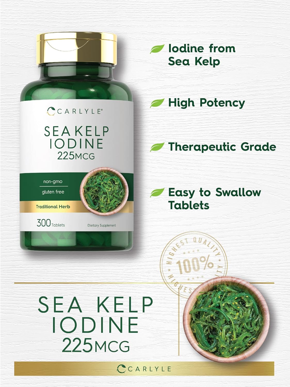 Carlyle Sea Kelp Iodine Supplement | 225mcg | 300 Tablets | Non-GMO, Gluten Free | Traditional Herb Supplement Nirvana Guru