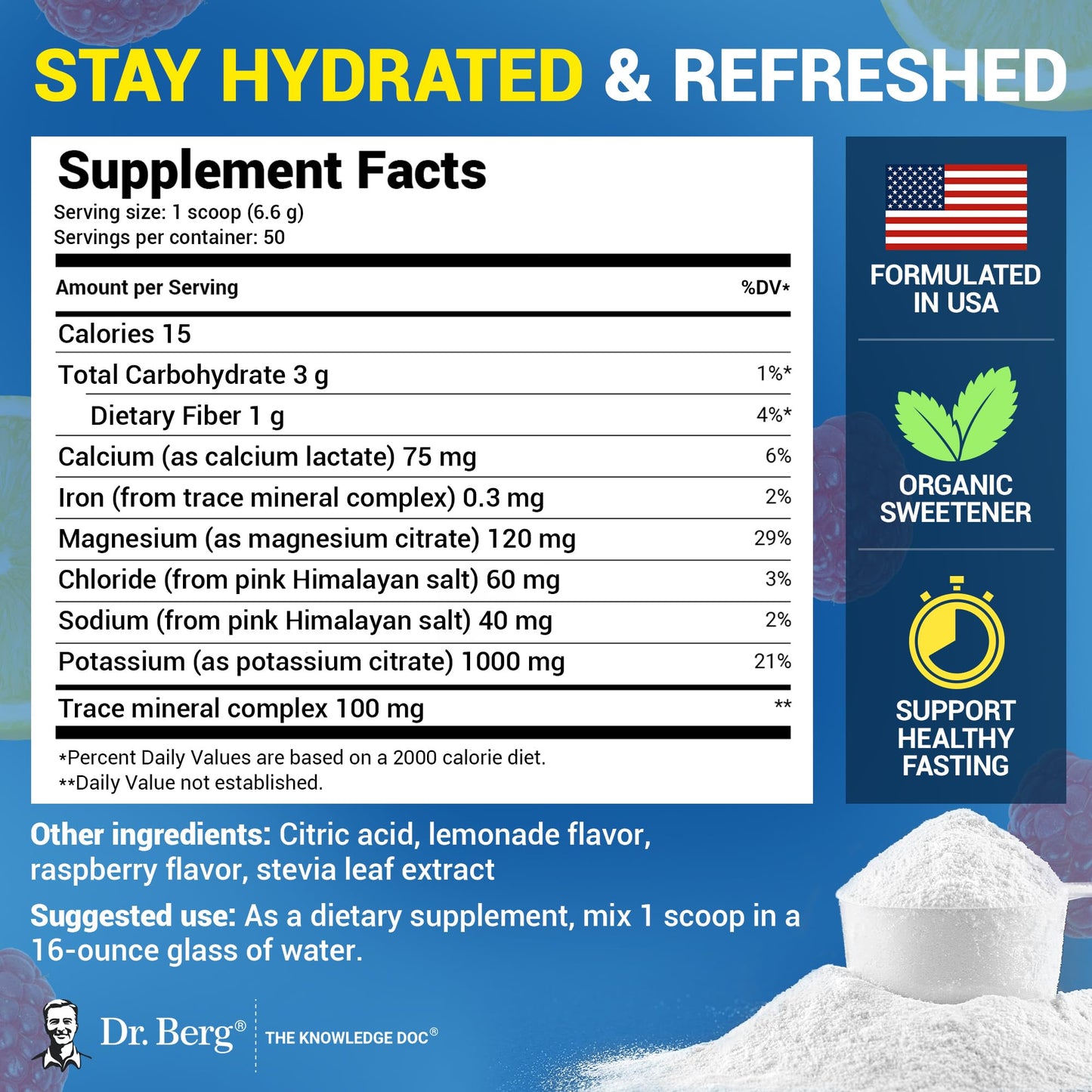 Dr. Berg Zero Sugar Hydration Keto Electrolyte Powder - Enhanced w/ 1000 mg of Potassium & Real Pink Himalayan Salt (NOT Table Salt) - Raspberry & Lemon Flavor Hydration Drink Supplement, 100 Servings Nirvana Guru