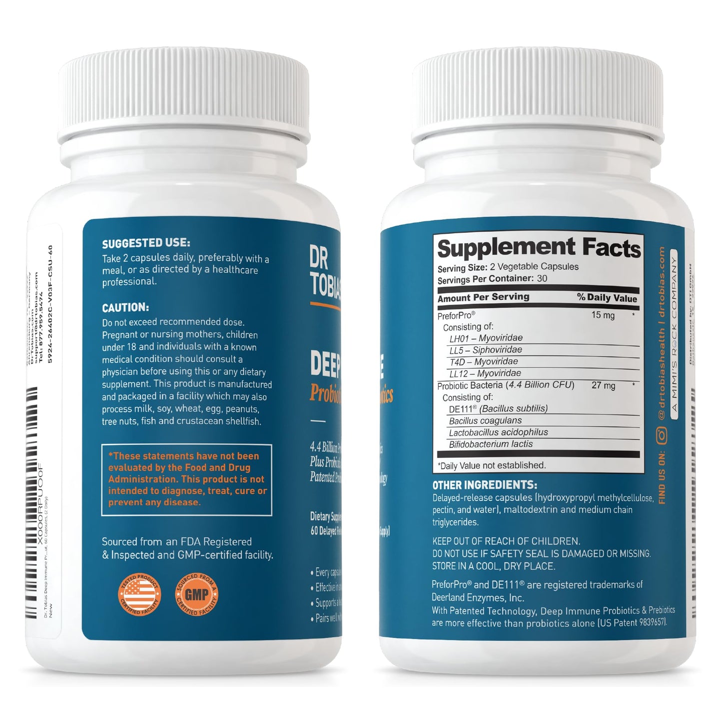 Dr. Tobias Deep Immune Probiotics & Prebiotics, Dual Action Digestion & Immune Support with PreforPro Prebiotics & Delayed Release Spore Forming Probiotics for Women & Men, 60 Capsules, 30 Servings - Nirvana Guru
