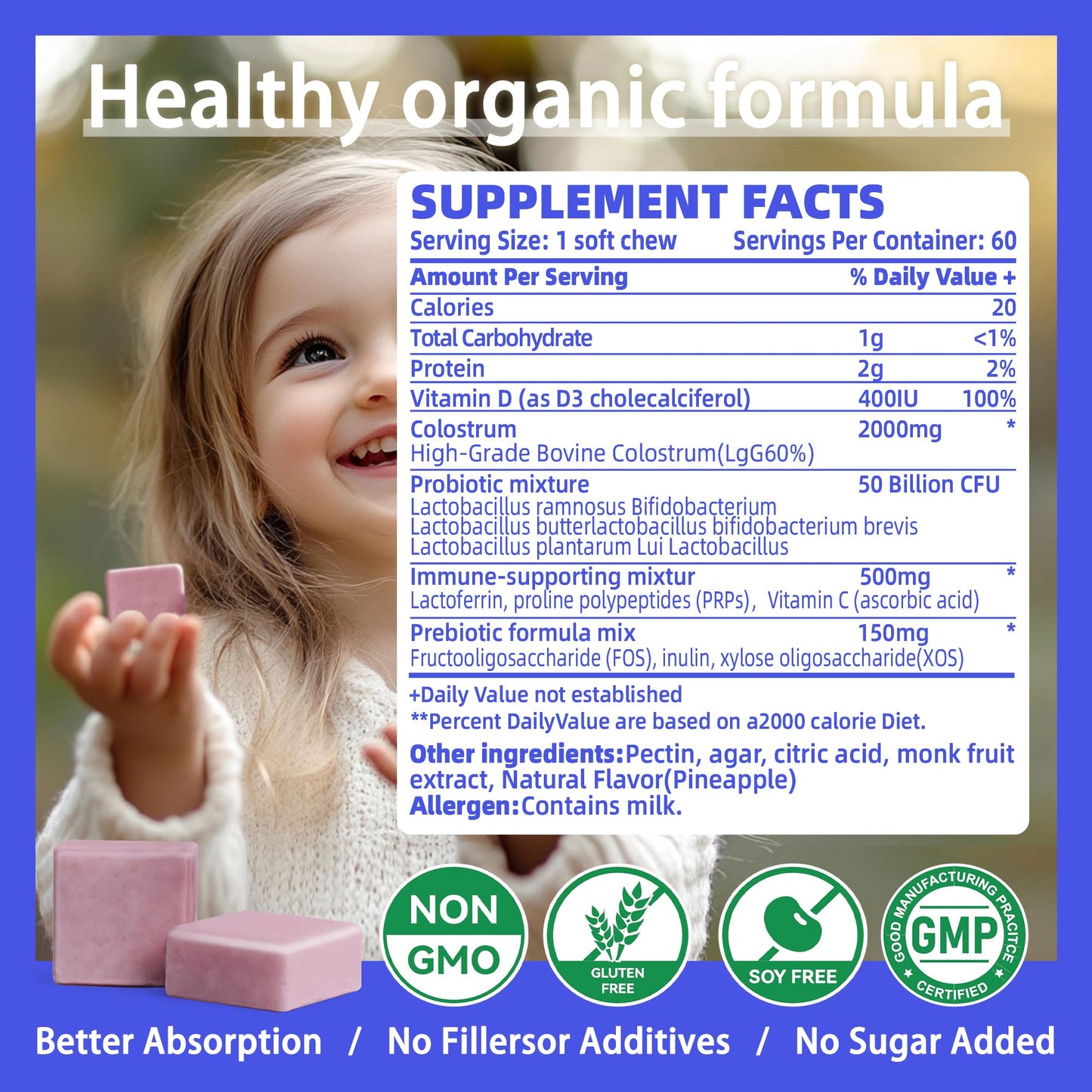Bovine Colostrum Chews Supplement with probiotics for Gut Health, Bloating, Immune Support, Skin, Hair Growth and Beauty - Strawberry Flavor (60 Servings) Nirvana Guru