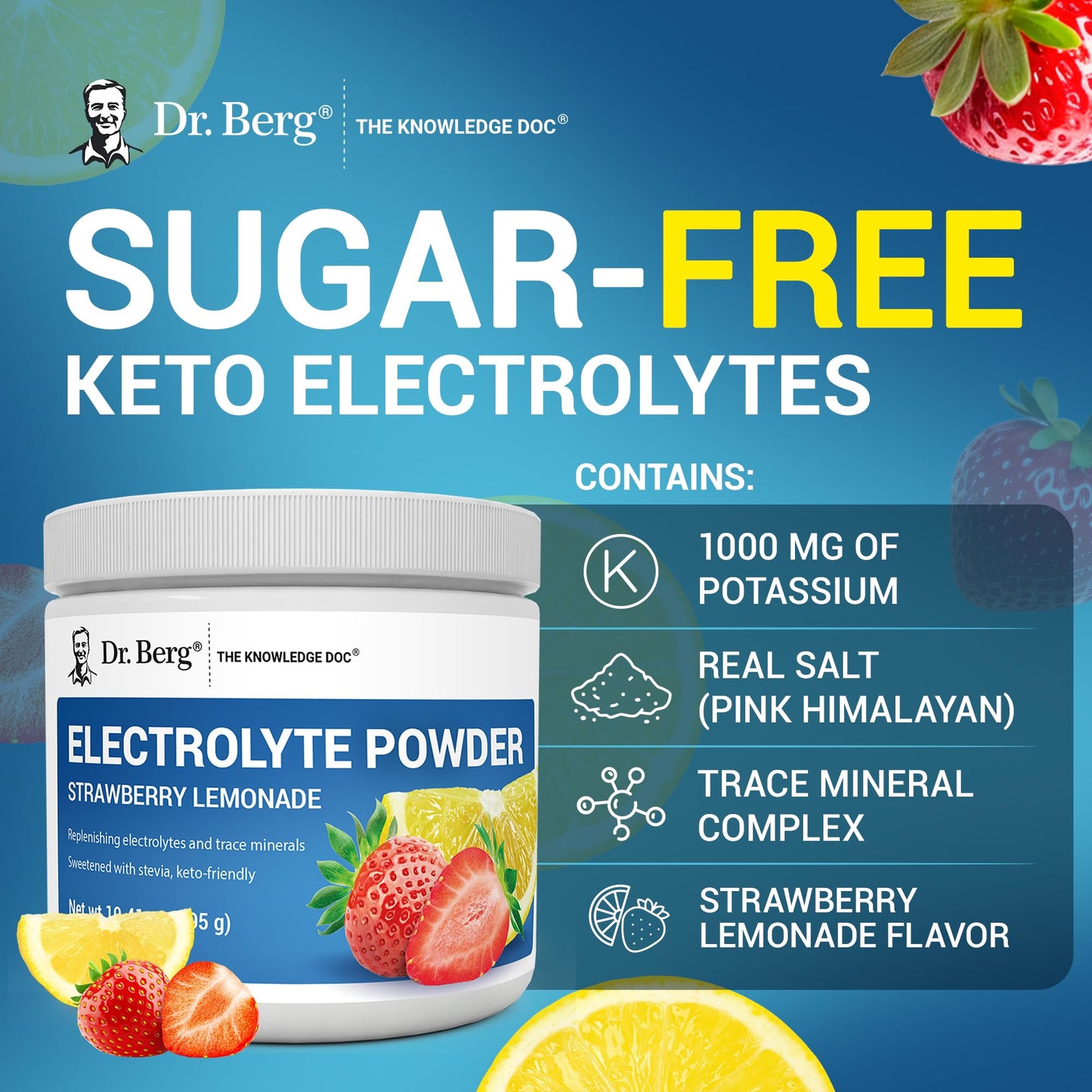 Dr. Berg Zero Sugar Hydration Keto Electrolyte Powder - Enhanced w/ 1000 mg of Potassium & Real Pink Himalayan Salt (NOT Table Salt) - Raspberry & Lemon Flavor Hydration Drink Supplement, 100 Servings Nirvana Guru