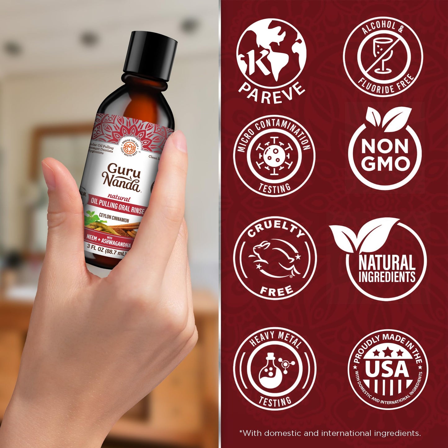 GuruNanda Travel Size CocoMint Oil Pulling Mouthwash, 7 Essential Oils & Vitamins, Promotes Fresh Breath & Happy Gums, No Alcohol & Fluoride, 3 oz Nirvana Guru