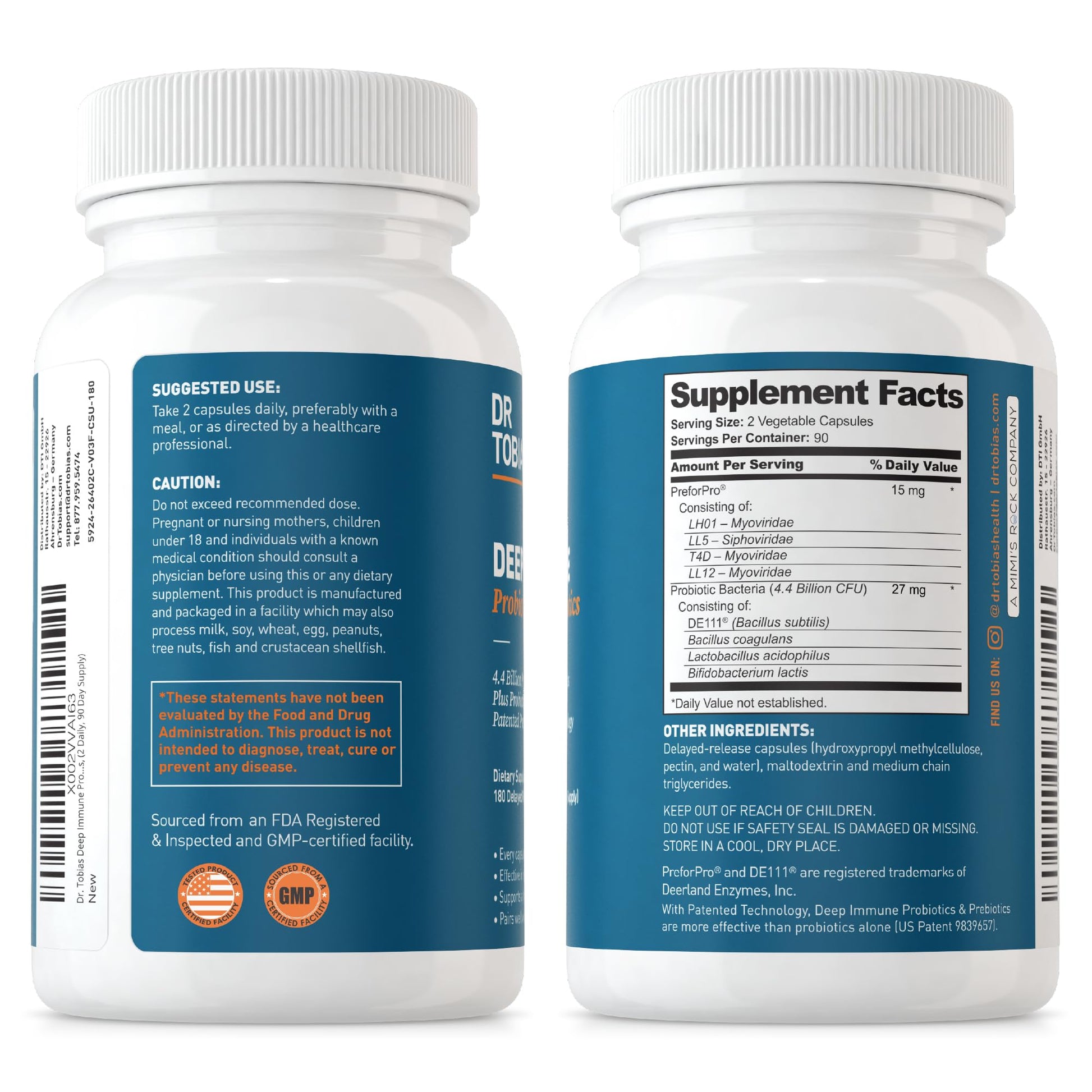 Dr. Tobias Deep Immune Probiotics & Prebiotics, Dual Action Digestion & Immune Support with PreforPro Prebiotics & Delayed Release Spore Forming Probiotics for Women & Men, 60 Capsules, 30 Servings - Nirvana Guru