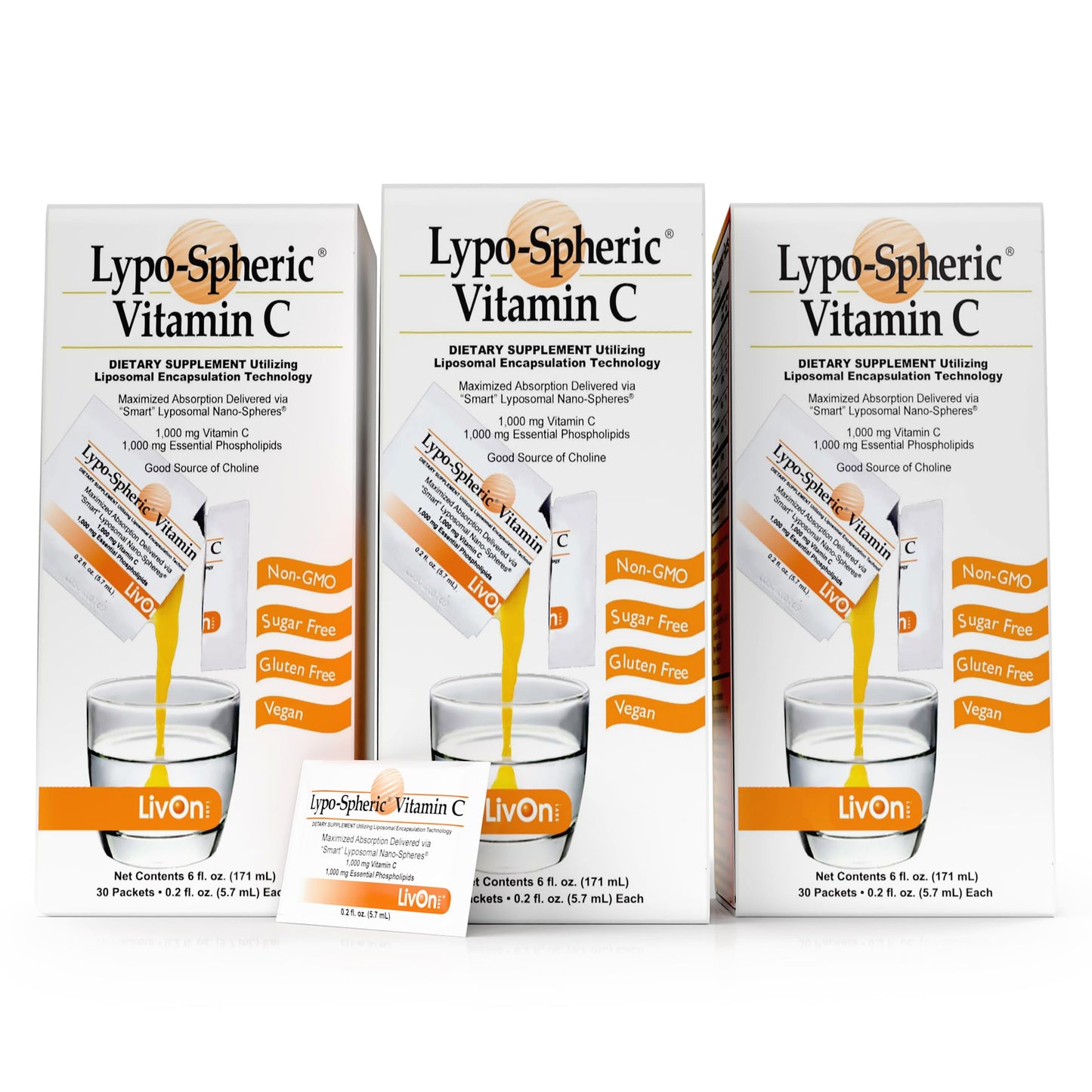 LivOn Laboratories Lypo–Spheric Liposomal Vitamin C 1000mg - No Sugar, Immune Support, Plant Based - Easy to Swallow, Absorbable, Individual Packets - Non–GMO, Gluten Free(0.2floz30 Packets) Nirvana Guru