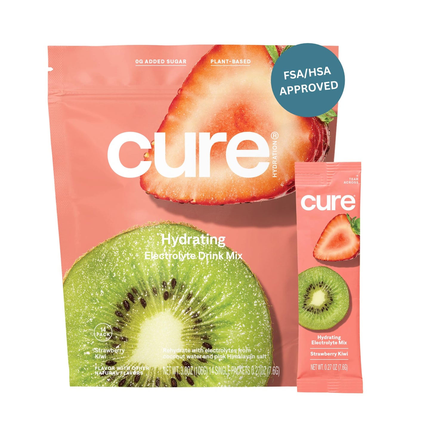Cure Hydration | Plant-Based Electrolyte Drink Mix | No Added Sugar | FSA & HSA | Dehydration Relief Powder Made with Coconut Water | Non-GMO | Vegan | Pouch of 14 Packets - Berry Pomegranate