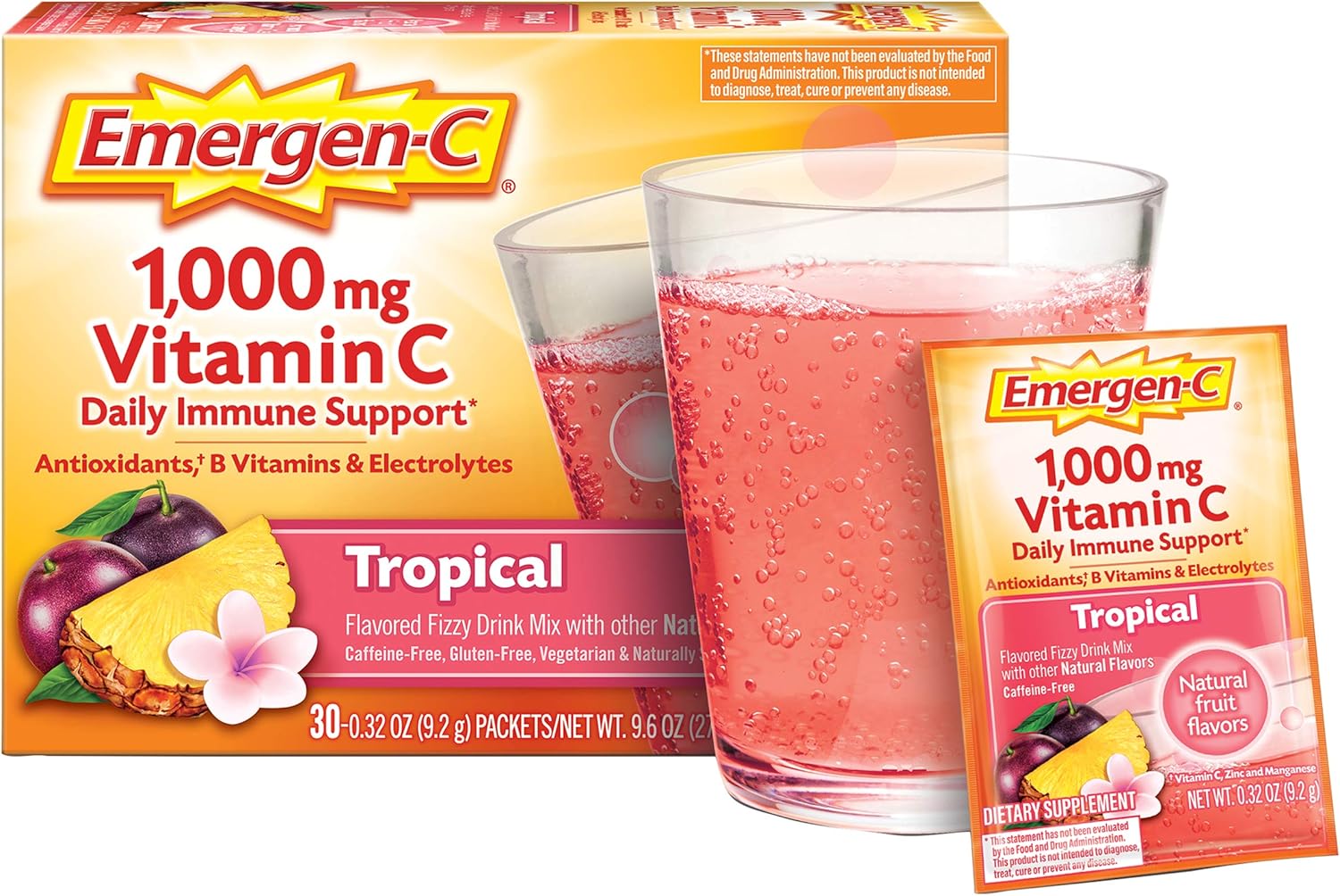 Emergen-C 1000mg Vitamin C Powder for Daily Immune Support Caffeine Free Vitamin C Supplements with Zinc and Manganese, B Vitamins and Electrolytes, Super Orange Flavor - 30 Count Nirvana Guru