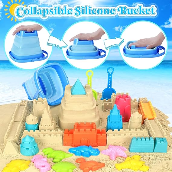 Collapsible Beach Toys for Kids Toddlers, Collapsible Sand Bucket and Shovels Set with Mesh Bag,Travel Sand Castle Building Kit, Sandbox Toys, Foldable Beach Essentials for Toddlers Kids Age 3-10 nirvanaguru