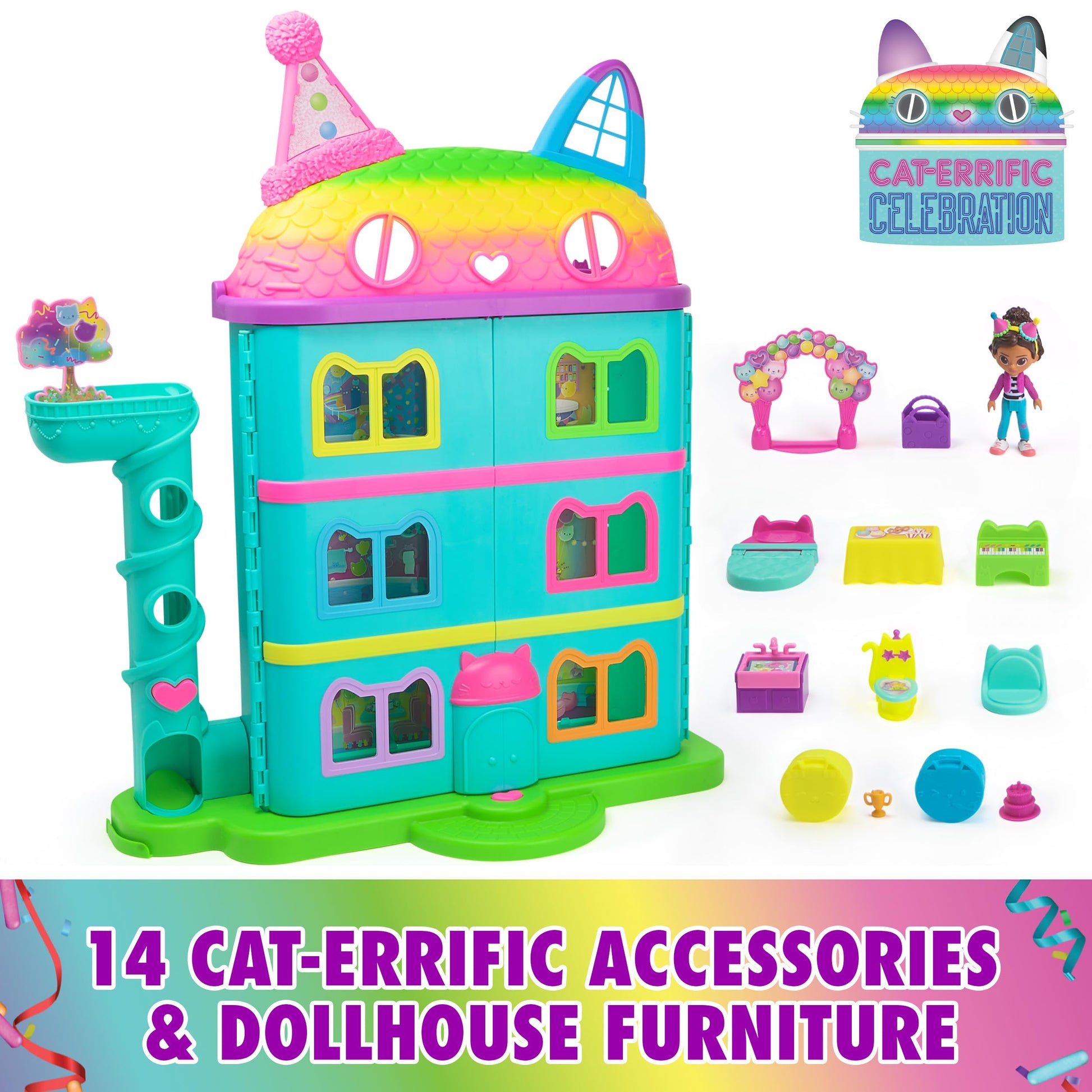Gabby's Dollhouse, 14 Pc Celebration Dollhouse, 25-Inches Tall, with Toy Figures, Doll House Furniture & 10 Sounds, Kids Toys for Girls & Boys Ages 3+ Nirvana Guru