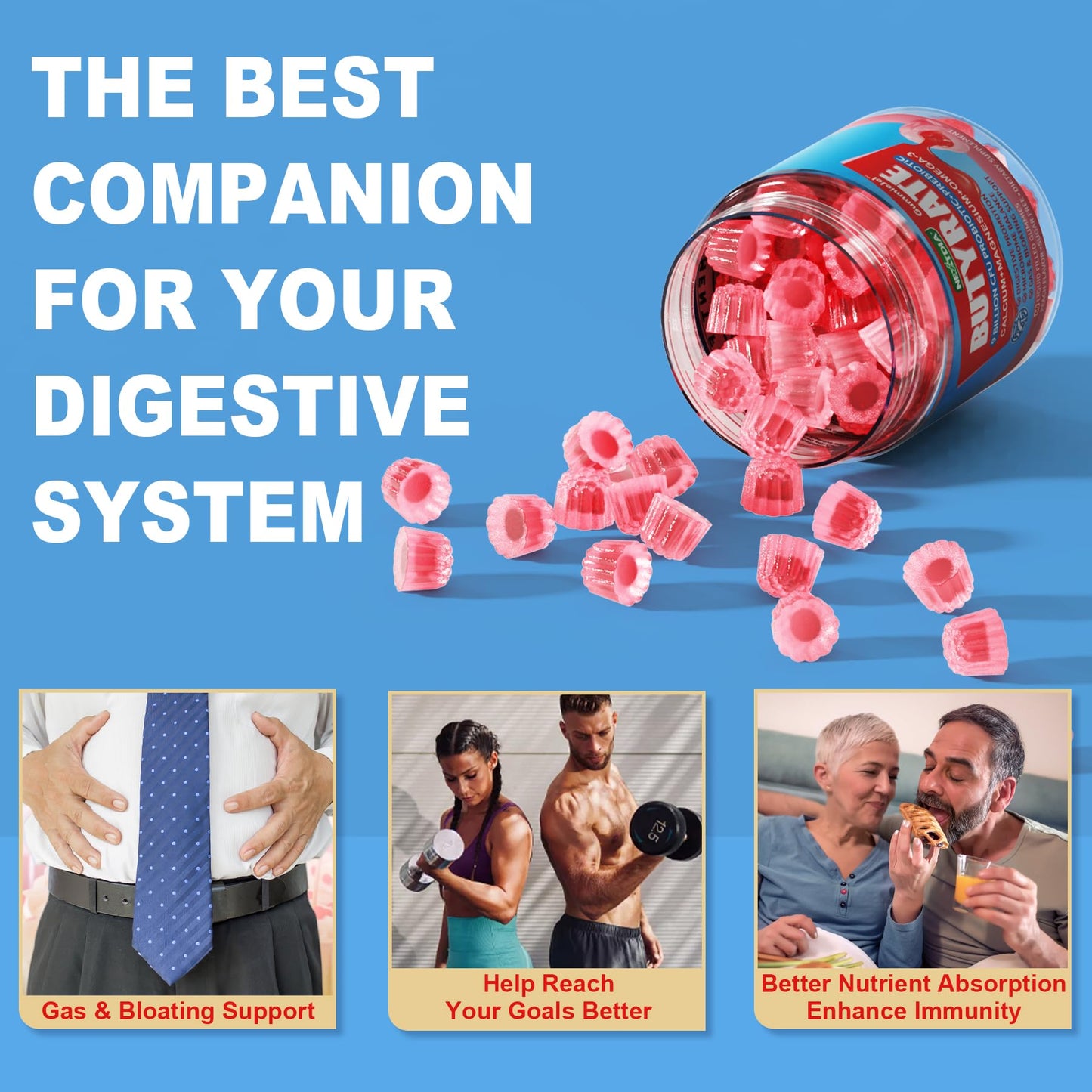 Butyrate Gummies with Probiotic + Prebiotic + Postbiotic, Omega-3 500mg,Fiber with 9 Billion CFU Probiotics, Calcium & Magnesium, Inulin,Psyllium Husk for Digestive Health,Bloating Support,Sugar Free Nirvana Guru