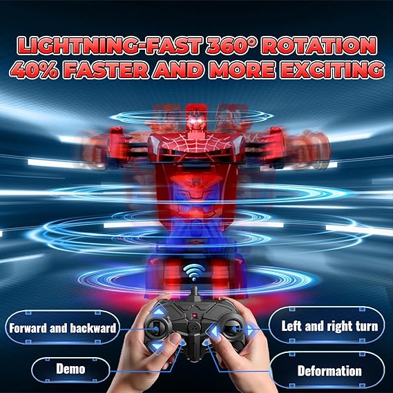 Spider Transform RC Cars Toys with Eye & Underbody Lights, 2.4GHz Remote Control Car One-Button Deformation, Fast 360°Rotation Robot Toys Birthday Gifts for 3 4 5 6 7 8 9 10 Year Old Boys Age 4-7 8-12 nirvanaguru