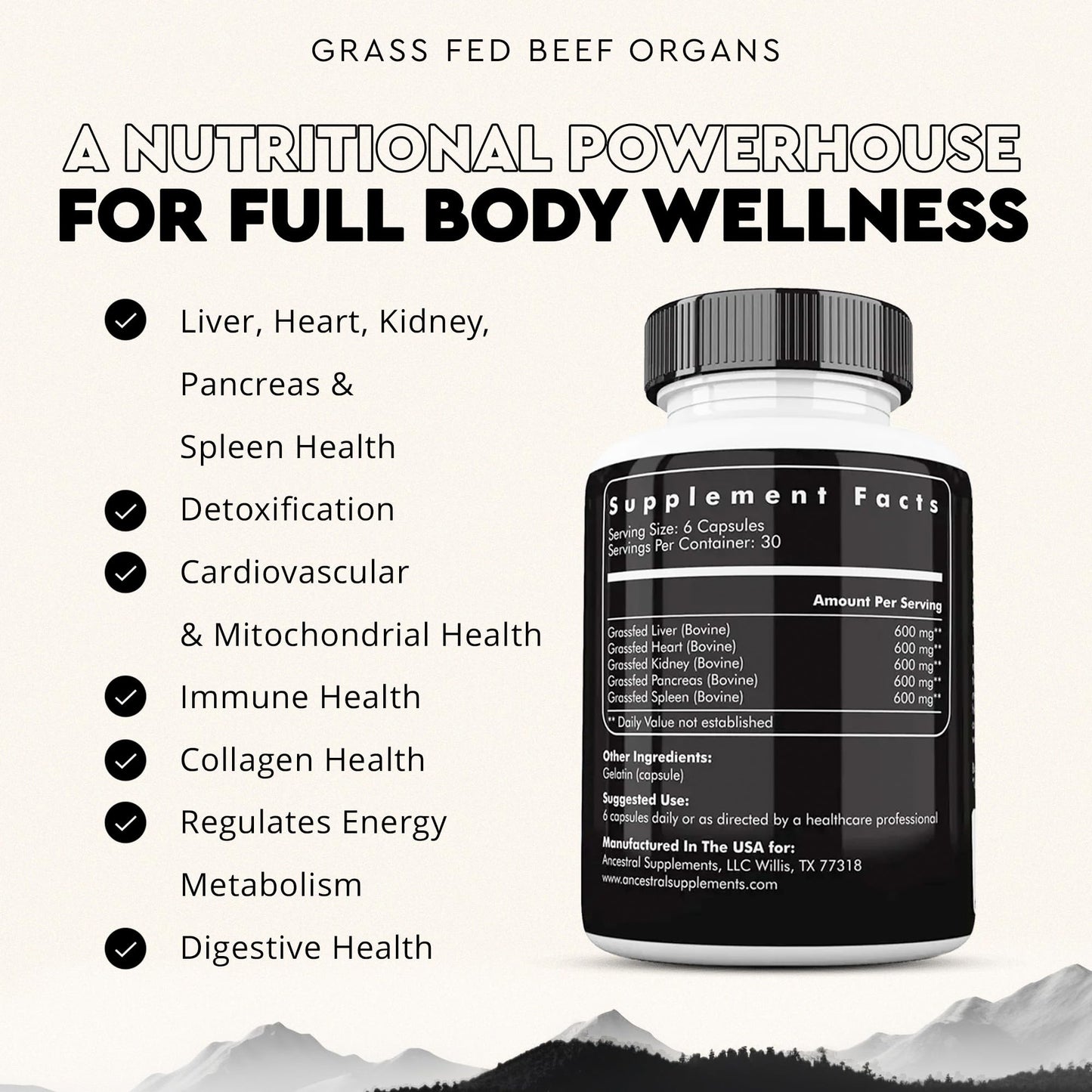Ancestral Supplements Grass Fed Beef Liver 180 Capsules, Supports Energy Production, Detoxification, Digestion, Immunity and Full Body Wellness, Non-GMO, Freeze Dried Liver Health Supplement