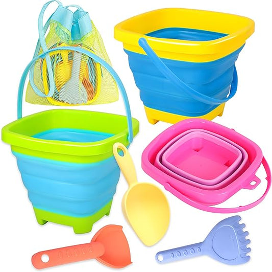 Collapsible Beach Sand Bucket 3 Packs Foldable Buckets Set with Shovels & Mesh Bag Collapsible Beach Toys for Kids Summer Sand Buckets for Kids Cruise Beach Essentials nirvanaguru