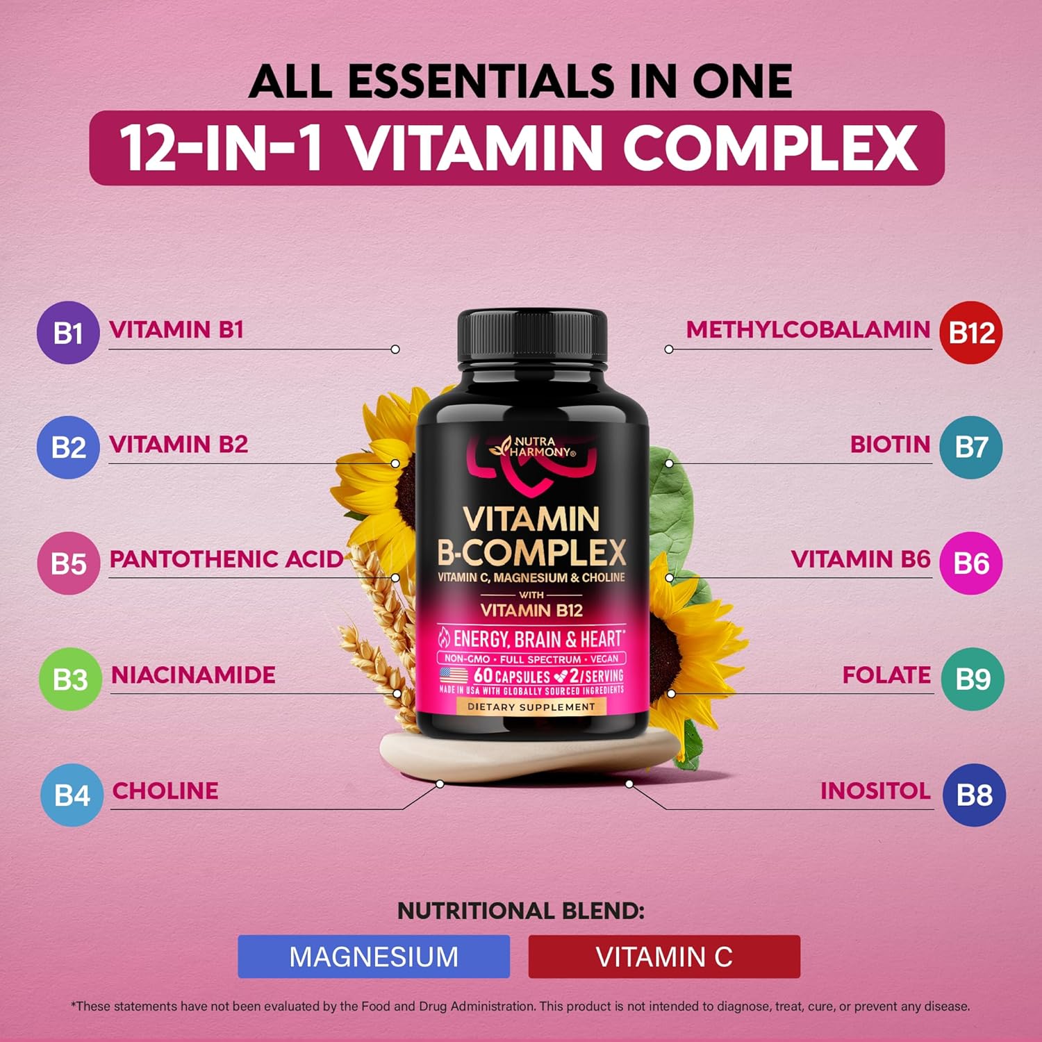 Vitamin B Complex for Men & Women - Made in USA - B-Complex: B1, B2, B3, B5, B6, B7, B8, B9, B12 with Vitamin C, Choline, Inositol - Energy, Brain & Heart Support Supplement, 60 Vegan Capsules Nirvana Guru