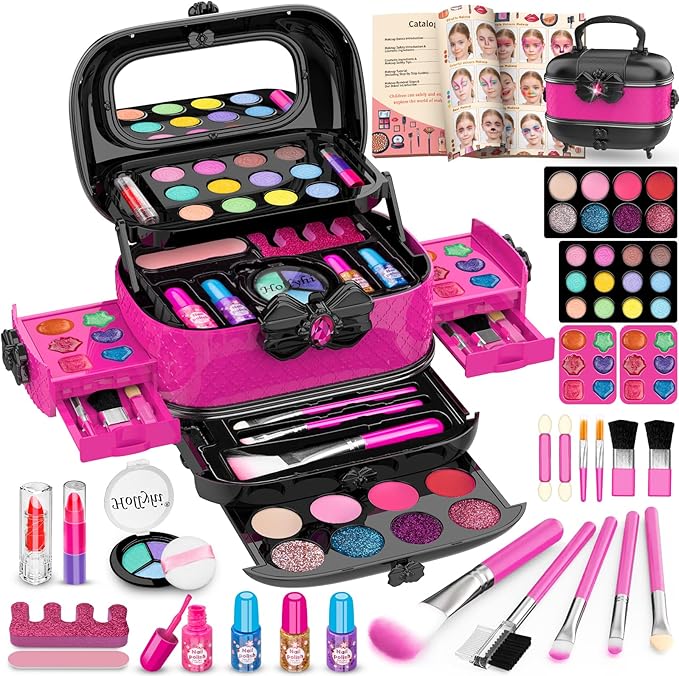 Hollyhi 58 Pcs Kids Makeup Kit for Girl, Princess Toys Real Washable Cosmetic Set with Mirror, Kids Makeup Sets for Girls, Play Make Up Birthday Gifts for 3 4 5 6 7 8 9 10 11 12 Years Old Kid (Rose) nirvanaguru