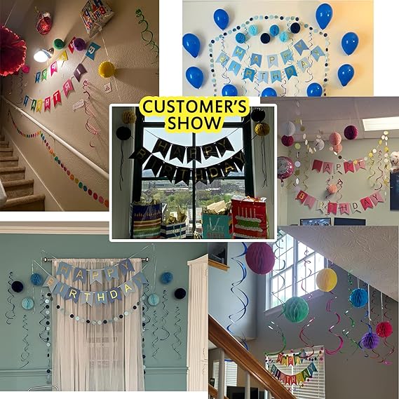 Happy Birthday Banner Decoration Set – Rainbow Birthday Banner with 6 Honeycomb Balls, 8 Metallic Hanging Swirls & Circle Paper Garland for Party Supplies nirvanaguru