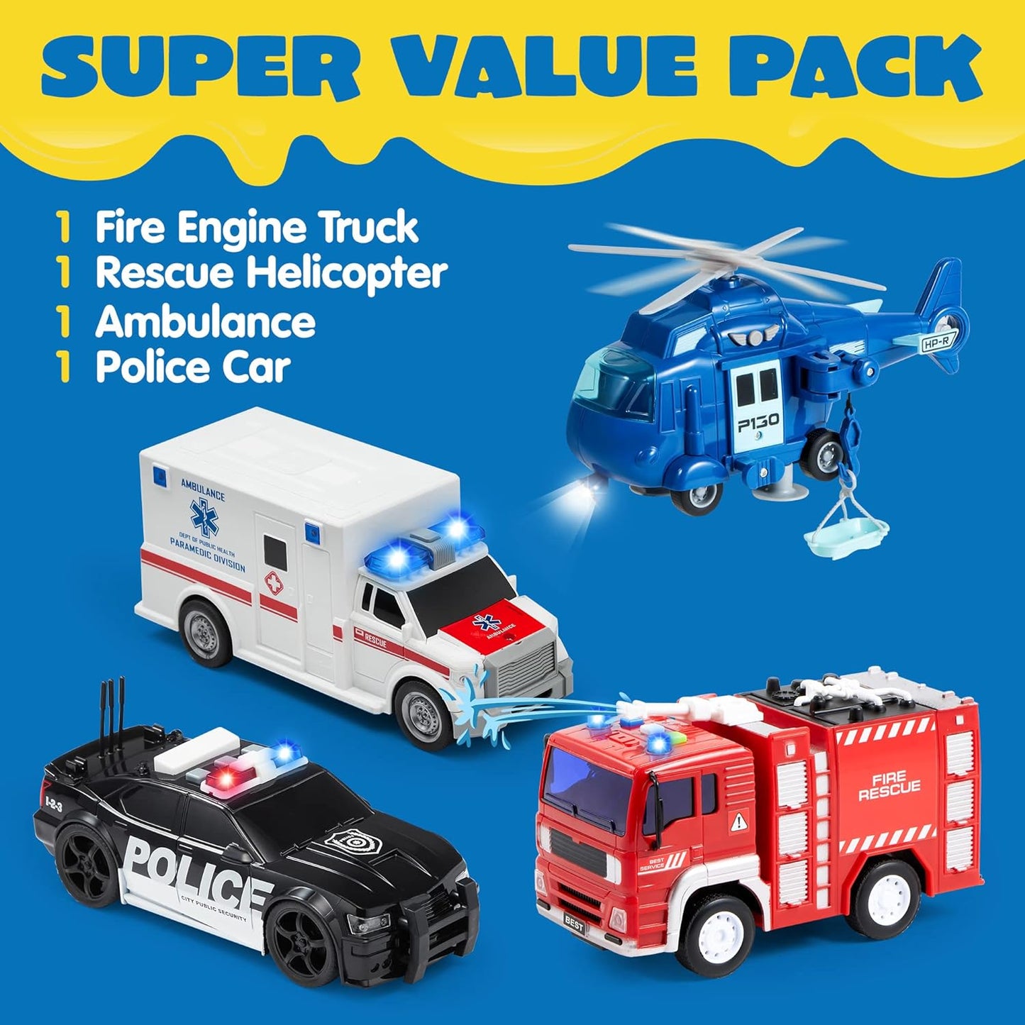 JOYIN 4 Packs Emergency Vehicle Toy Playsets, Friction Powered Vehicles with Light and Sound, Including Fire Truck, Ambulance, Play Police Car and Helicopter, Christmas Toddler Kids Boys Gifts Nirvana Guru
