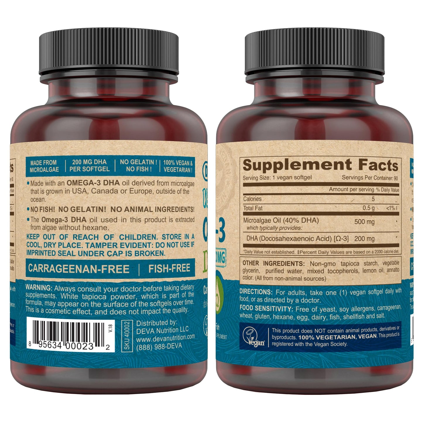 DEVA Vegan Omega-3 DHA Supplement, Once-Per-Day Softgel 200 MG, Carrageenan Free, Gelatin Free, Non-Fish, Algae Oil, Omega-3 Fatty Acids - 90 Softgels - Nirvana Guru