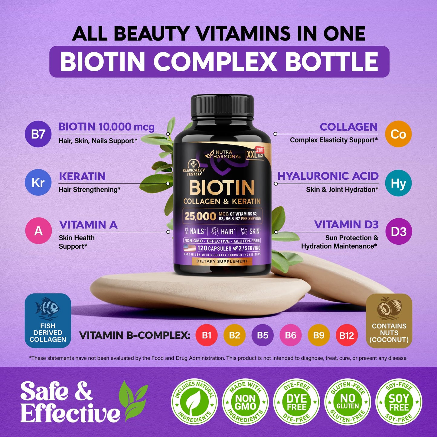 Biotin | Collagen | Keratin - Clinically Tested Supplement - Hair Growth Support, Skin & Nails - 25000 mcg Vitamins B2, B3, B6 & B7 + B1 & Hyaluronic Acid - Made in USA - Women & Men | 60 Capsules