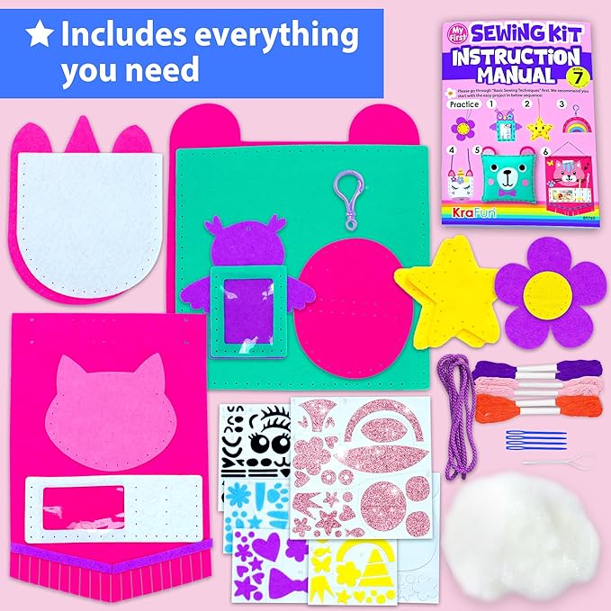 KRAFUN My First Sewing Kit for Beginner Kids Arts & Crafts, 7 Easy DIY Projects of Stuffed Animal Dolls and Plush Pillow Craft, Instructions & Felt, Gift for Girls, Boys, Learn to Sew, Embroidery Nirvana Guru