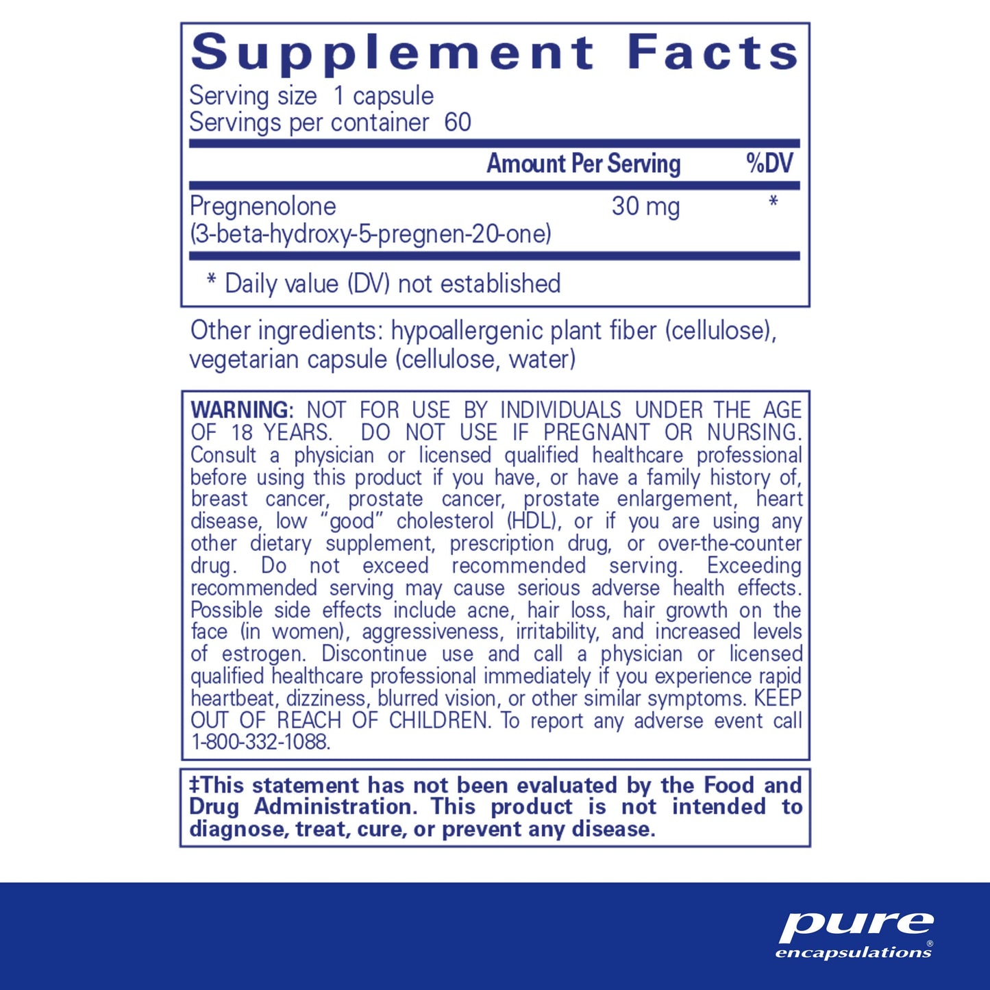 Pure Encapsulations Pregnenolone - 30 mg - Hormone Support - Memory Support & Brain Supplement - Gluten Free & Vegan - 180 Capsules - Nirvana Guru