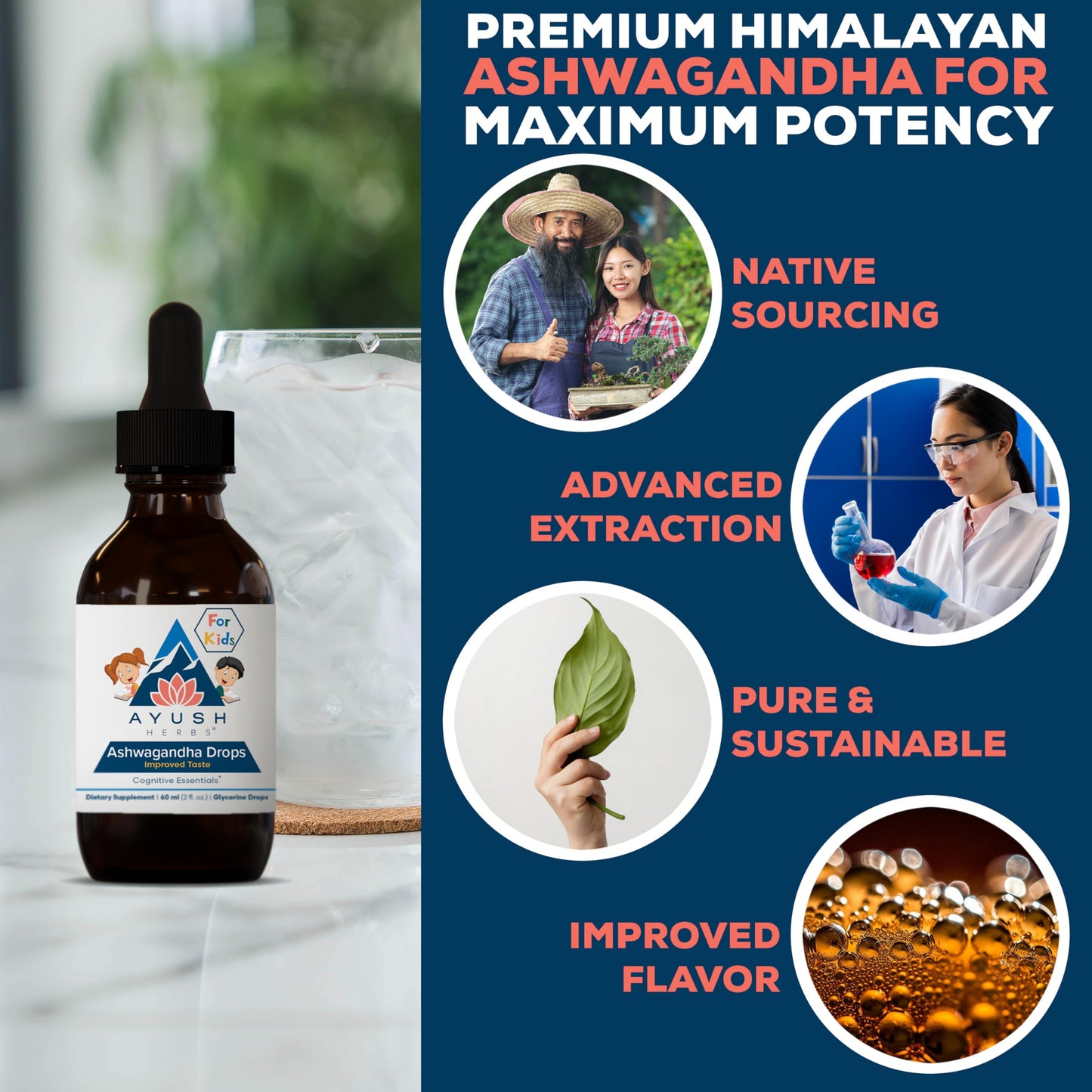 Ayush Herbs Ashwagandha Drops - Ashwagandha Alcohol-Free Drops for Adults, Calming Daily Supplement for Focus & Attention with Organic Ashwagandha, Lemon Flavor - 2 Fl Oz (80 Servings) Nirvana Guru