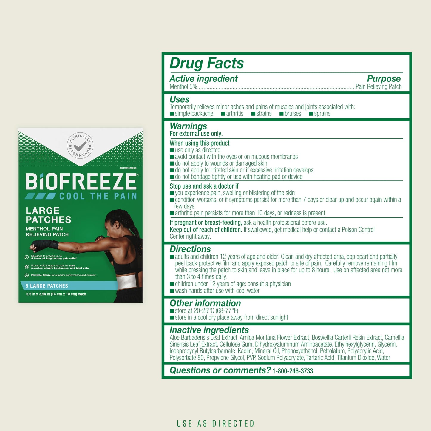 Biofreeze Large Pain Relief Patches, Menthol Pain Patches for Lower Back, Neck, Knee, & Shoulder, Comfortable & Flexible Fabric Stays in Place, FSA Eligible, 5 ct