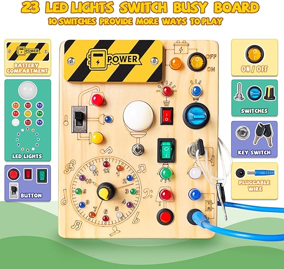 Busy Board, Montessori Toy for 1-3 Years Old, Wooden Toddler Sensory Travel Toy, Ideal Gift for 1+ Year Old Boys (Busy Board Plus V2), Medium, Yellow nirvanaguru