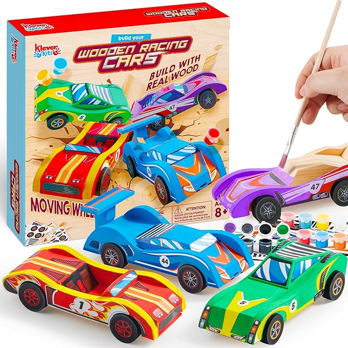 Klever Kits 4 DIY Wooden Race Cars-Build & Paint Your Own Wood Craft Kit, 4 Race Cars Toy, Easy to Assemble Arts Crafts Kit, Birthday Party Presents for Kids Boys and Girls nirvanaguru