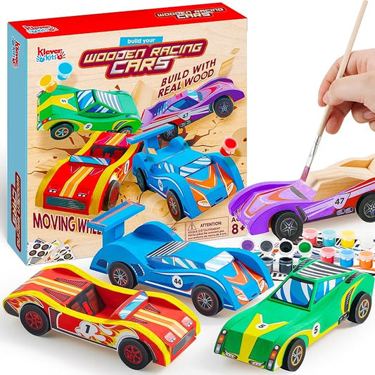 Klever Kits 4 DIY Wooden Race Cars-Build & Paint Your Own Wood Craft Kit, 4 Race Cars Toy, Easy to Assemble Arts Crafts Kit, Birthday Party Presents for Kids Boys and Girls nirvanaguru