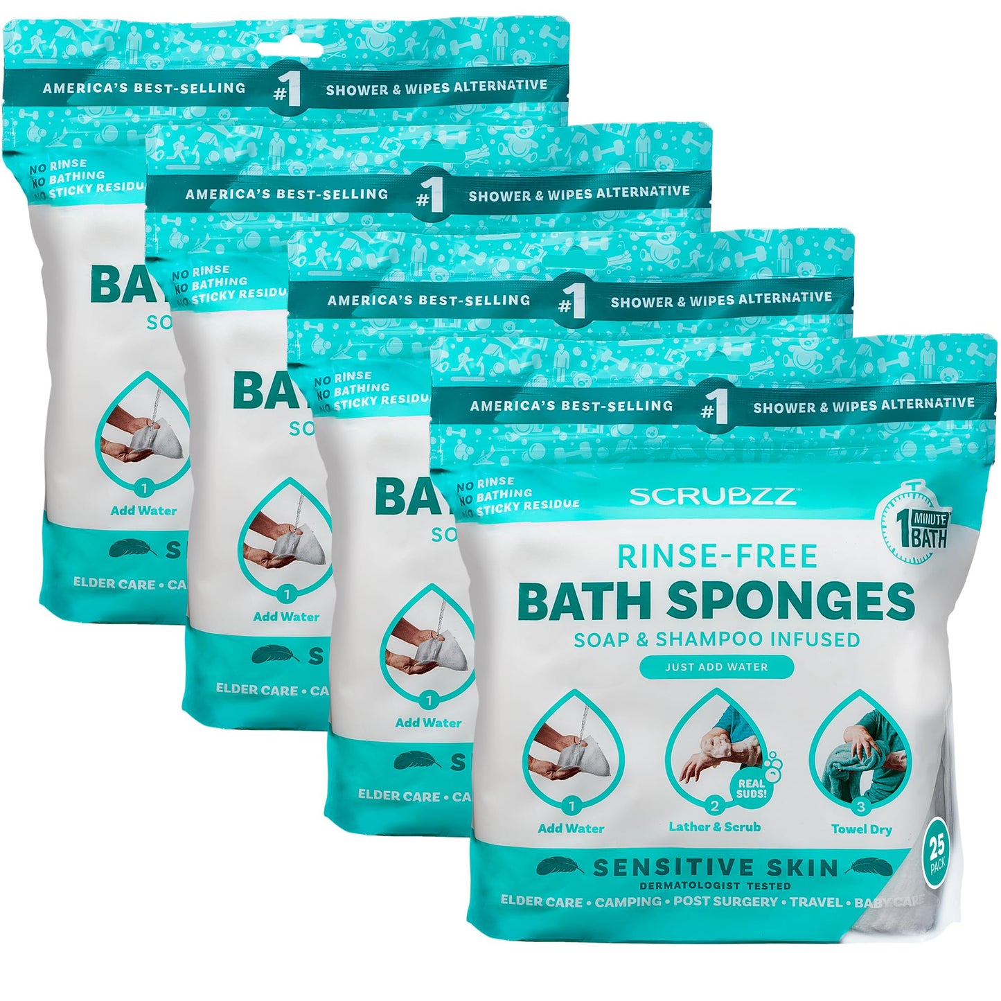 Scrubzz Disposable Rinse Free Bathing Wipes - 25 Pack - All-in-1 Single Use Shower Wipes, Simply Dampen, Lather, and Dry Without Shampoo or Rinsing Nirvana Guru