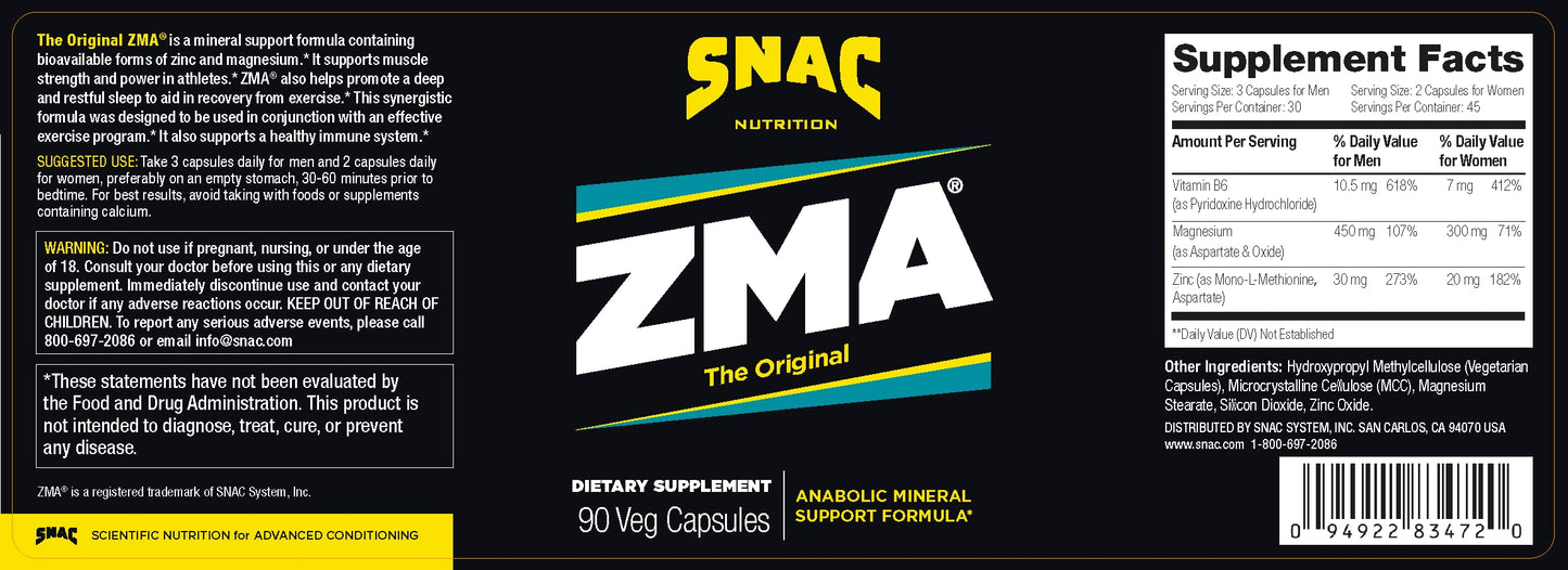 SNAC ZMA The Original Recovery & Sleep Supplement, Promotes Muscle Recovery, Immune Support & Restorative Sleep with Zinc, Magnesium & Vitamin B6 (90 Veggie Capsules) Nirvana Guru