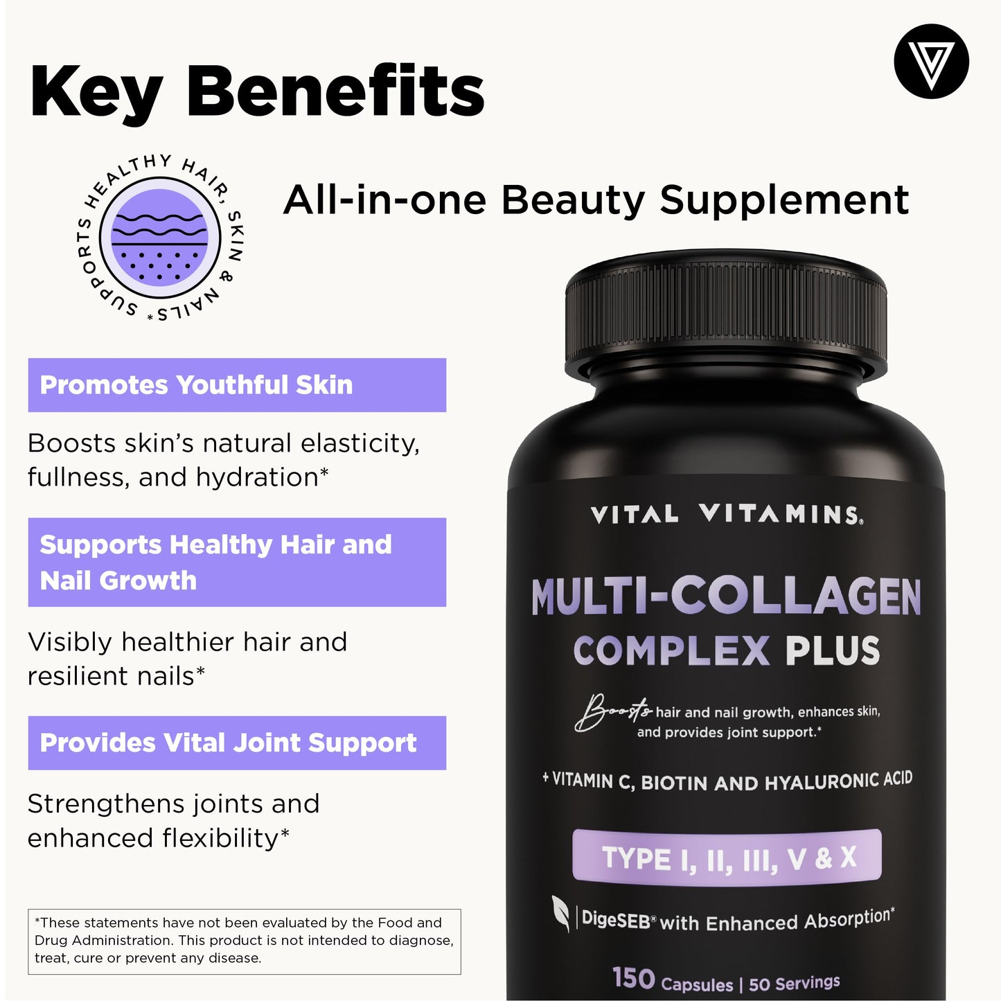 Vital Vitamins Multi Collagen for Women & Men - Type I, II, III, V, X - Grass Fed, Non-GMO - 150 Capsules