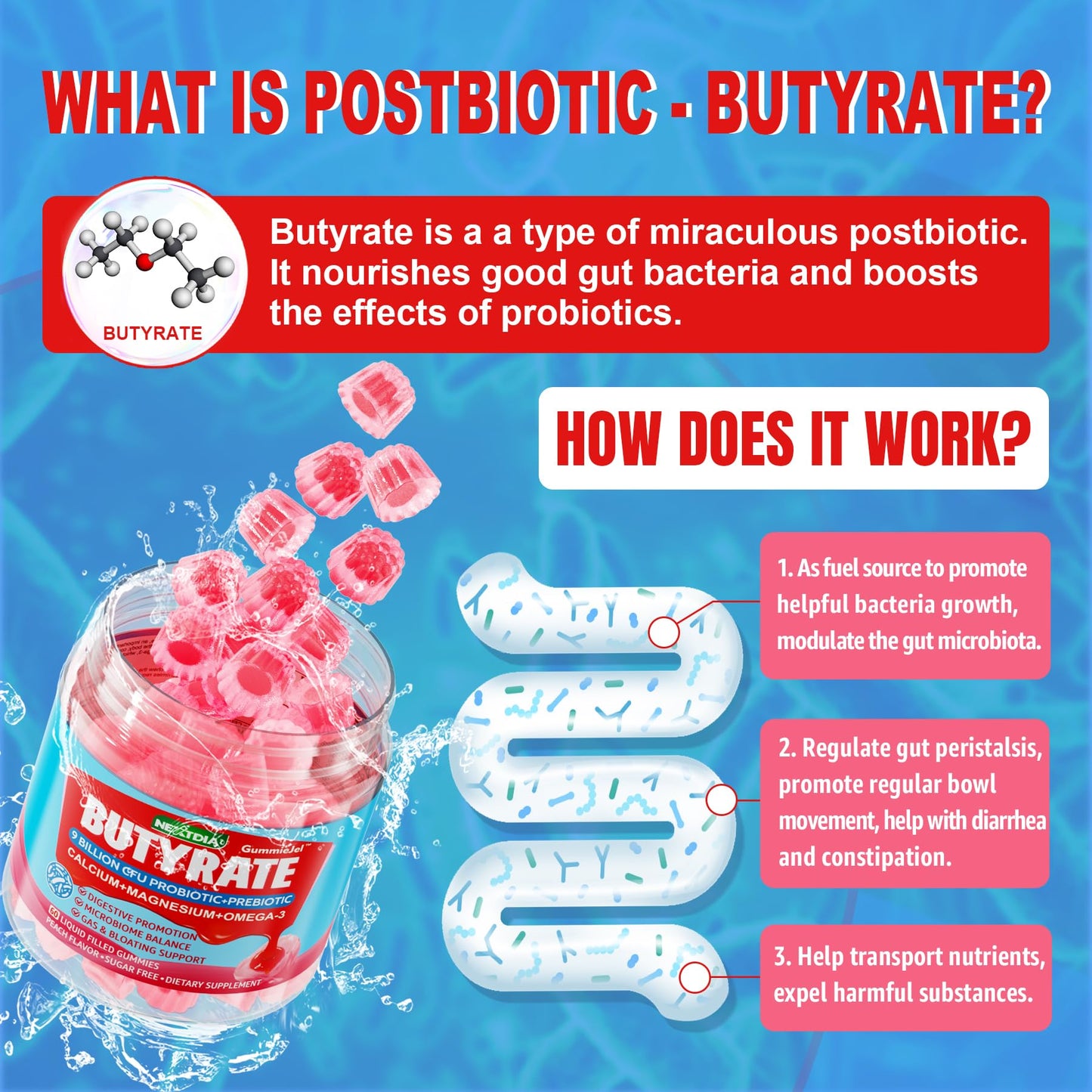 Butyrate Gummies with Probiotic + Prebiotic + Postbiotic, Omega-3 500mg,Fiber with 9 Billion CFU Probiotics, Calcium & Magnesium, Inulin,Psyllium Husk for Digestive Health,Bloating Support,Sugar Free Nirvana Guru