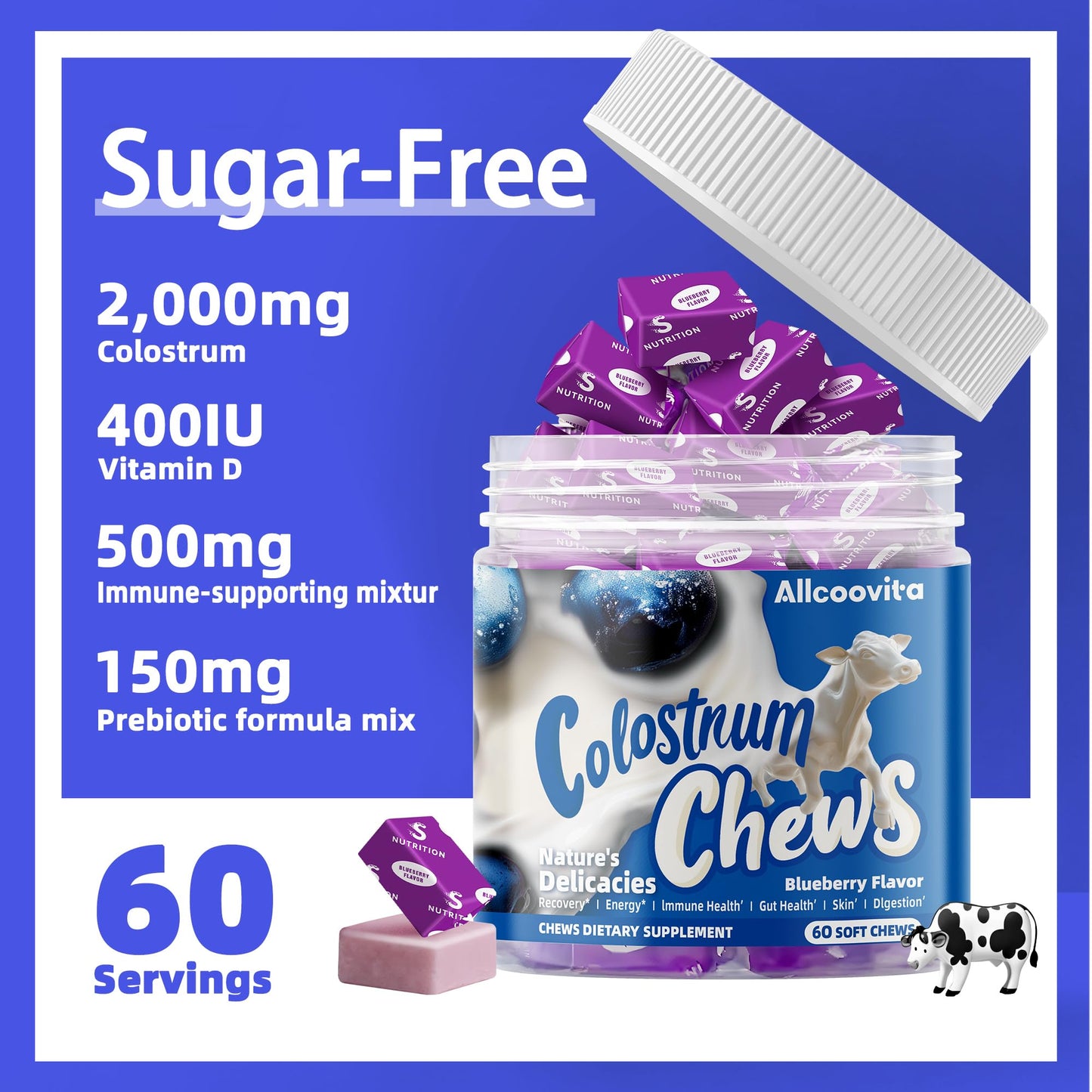 Bovine Colostrum Chews Supplement with probiotics for Gut Health, Bloating, Immune Support, Skin, Hair Growth and Beauty - Strawberry Flavor (60 Servings) Nirvana Guru