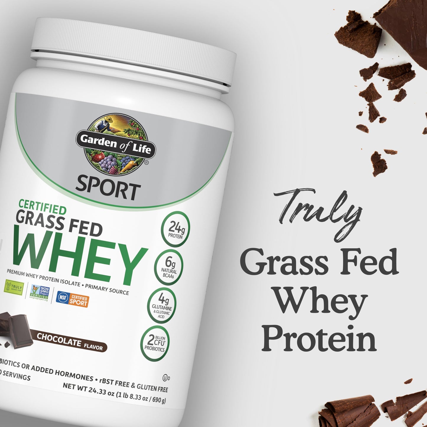 Garden of Life Sport Whey Protein Powder Chocolate, Premium Grass Fed Whey Protein Isolate Plus Probiotics for Immune System Health, 24g Protein, Non GMO, Gluten Free, Cold Processed - 20 Servings - Nirvana Guru