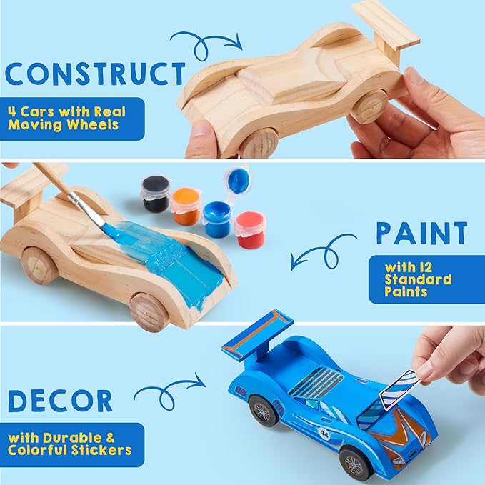 Klever Kits 4 DIY Wooden Race Cars-Build & Paint Your Own Wood Craft Kit, 4 Race Cars Toy, Easy to Assemble Arts Crafts Kit, Birthday Party Presents for Kids Boys and Girls nirvanaguru