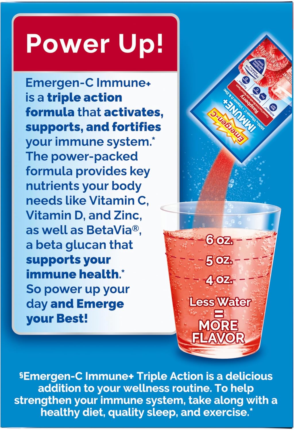 Emergen-C Immune+ Triple Action Immune Support Powder, BetaVia (R), 1000mg Vitamin C, B Vitamins, Vitamin D and Antioxidants, Raspberry – 30 Count Nirvana Guru
