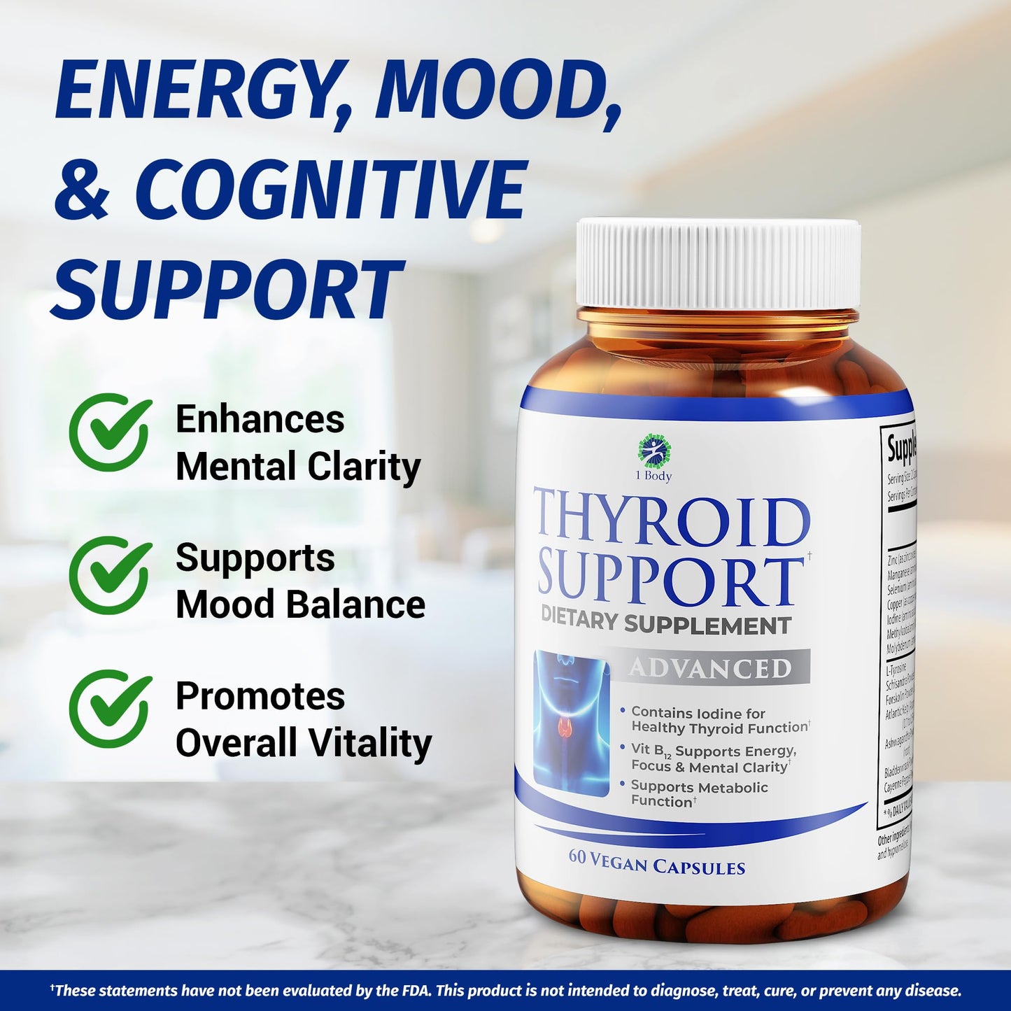 1 Body Thyroid Support Supplement with Iodine, B12, Zinc, Selenium, Ashwagandha, Non-GMO, Vegetarian, 30 Day Supply Nirvana Guru
