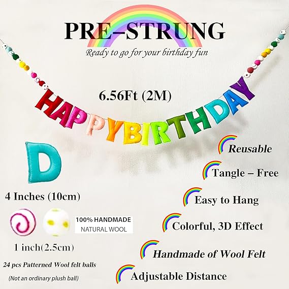Pre-Strung Happy Birthday Banner - Felt Ball Garland - Reusable Happy Birthday Garland, Rainbow Party Decorations, Personalized Holiday Sign for Party Decor, Kids Room Decor, Photo Prop (Rainbow) nirvanaguru