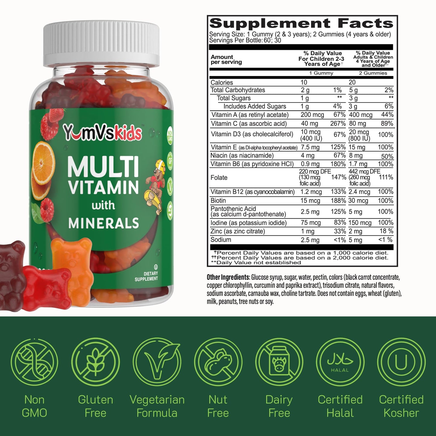 YumVs Kids Multivitamin Gummies - Fruit Flavored Chewable Children's Multivitamin - Kids Vitamins Multivitamin Gummy with 12 Minerals & Vitamins A C D3 E B6 B12 - Kosher Halal Gluten Free (60 Count) - Nirvana Guru