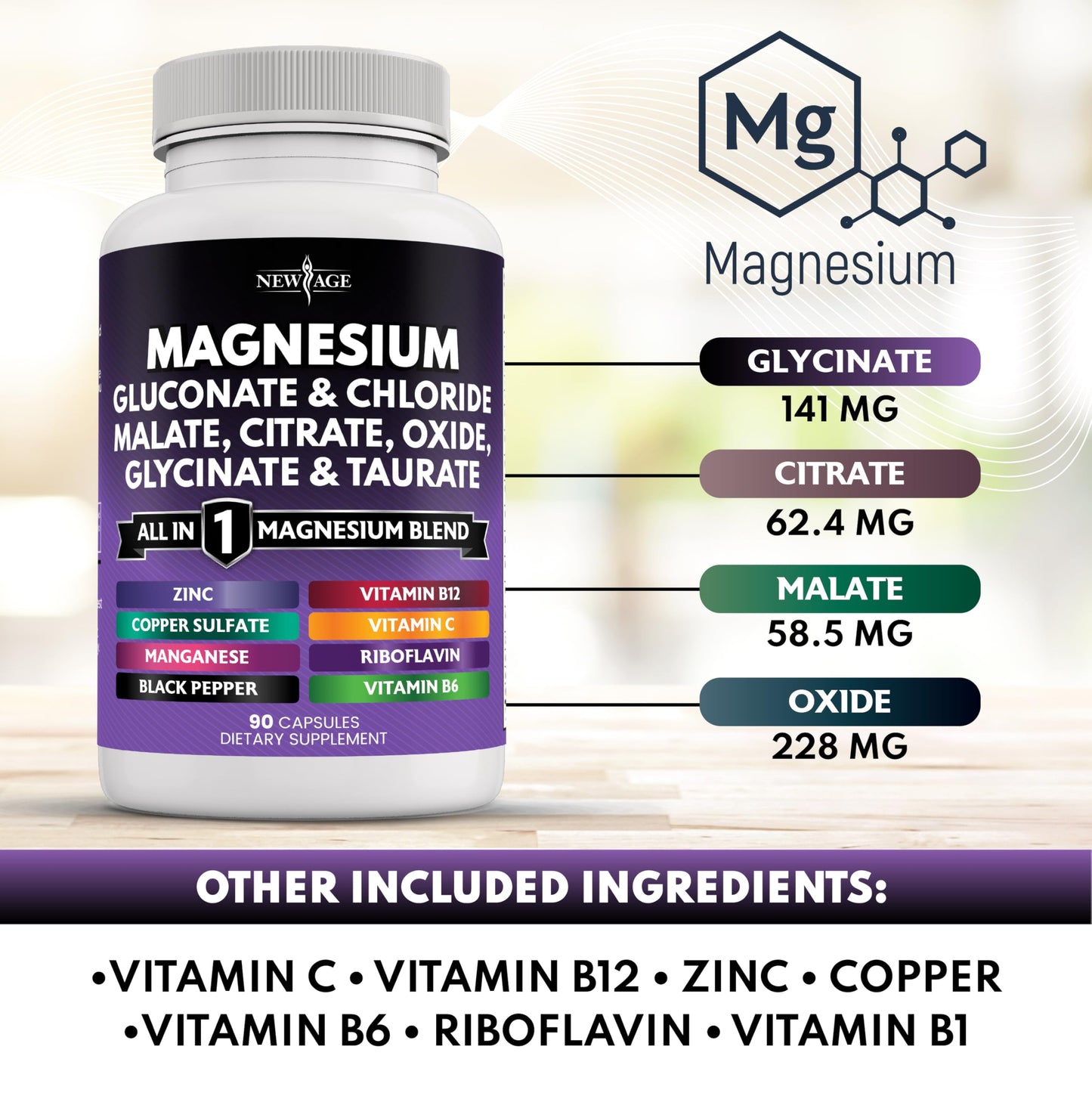NEW AGE Magnesium Supplement -Powerful Glycinate Citrate Malate Oxide Taurate Aspartate Gluconate Orotate & Mag Chloride Manganese Bone Health and Bone Strength, Joint Support- 180 Count Nirvana Guru