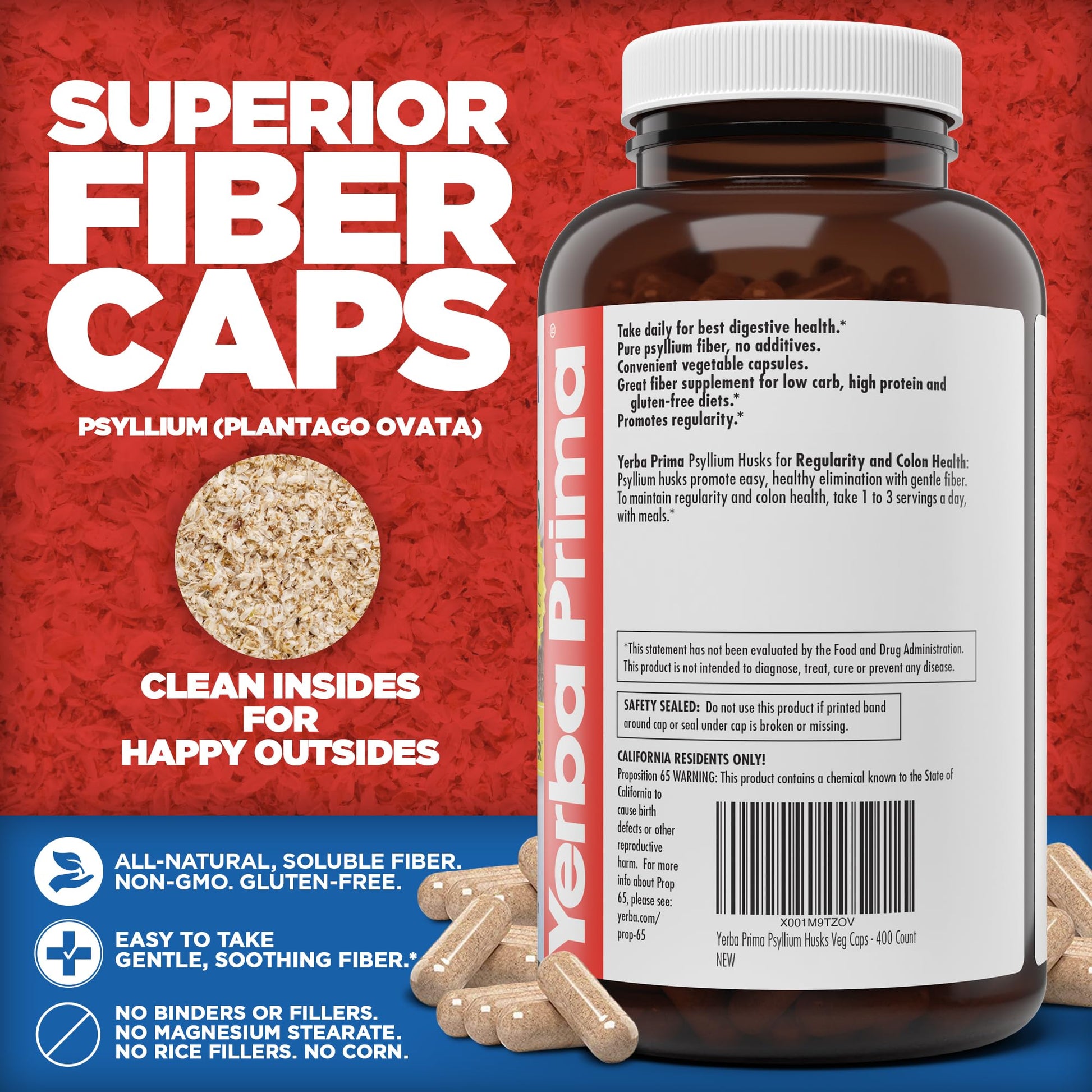 Yerba Prima Psyllium Husks Veg Caps, 400 Capsules (625mg) - Vegan, Non-GMO, Gluten Free, Colon Cleanser, Daily Fiber Supplement for Gut Health & Regularity - Nirvana Guru