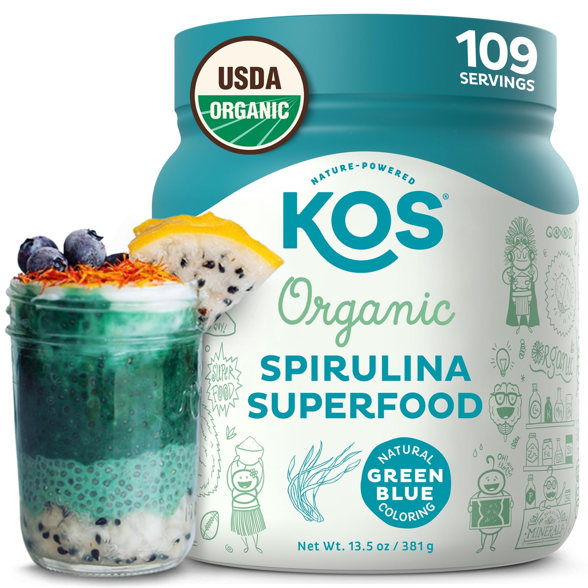KOS Calming Blue Spirulina Blend- USDA Certified Organic - Algae Superfood Powder with Ashwagandha Root, Lemon Balm, Reishi Mushroom, B Vitamins - Berry Coconut Cooler Flavor, 28 Servings - Nirvana Guru