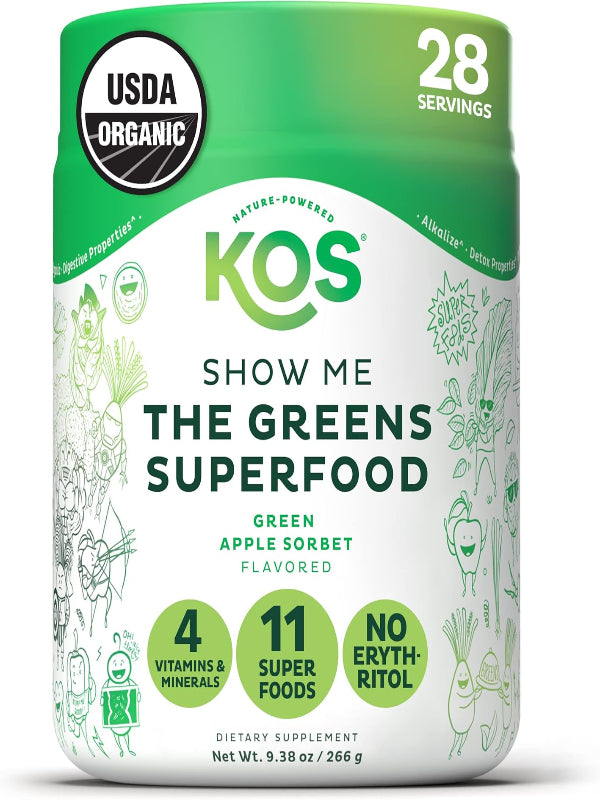 KOS Organic Super Greens Powder Erythritol Free - Plant Based Superfood Blend with Spirulina, Chlorella & Wheatgrass - USDA Certified Organic, Green Juice Smoothie - Apple Flavor - 28 Servings - Nirvana Guru
