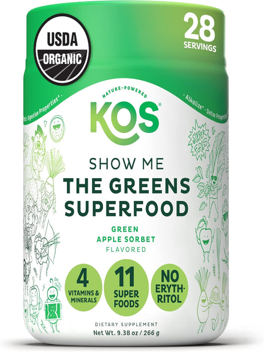 KOS Organic Super Greens Powder Erythritol Free - Plant Based Superfood Blend with Spirulina, Chlorella & Wheatgrass - USDA Certified Organic, Green Juice Smoothie - Apple Flavor - 28 Servings - Nirvana Guru