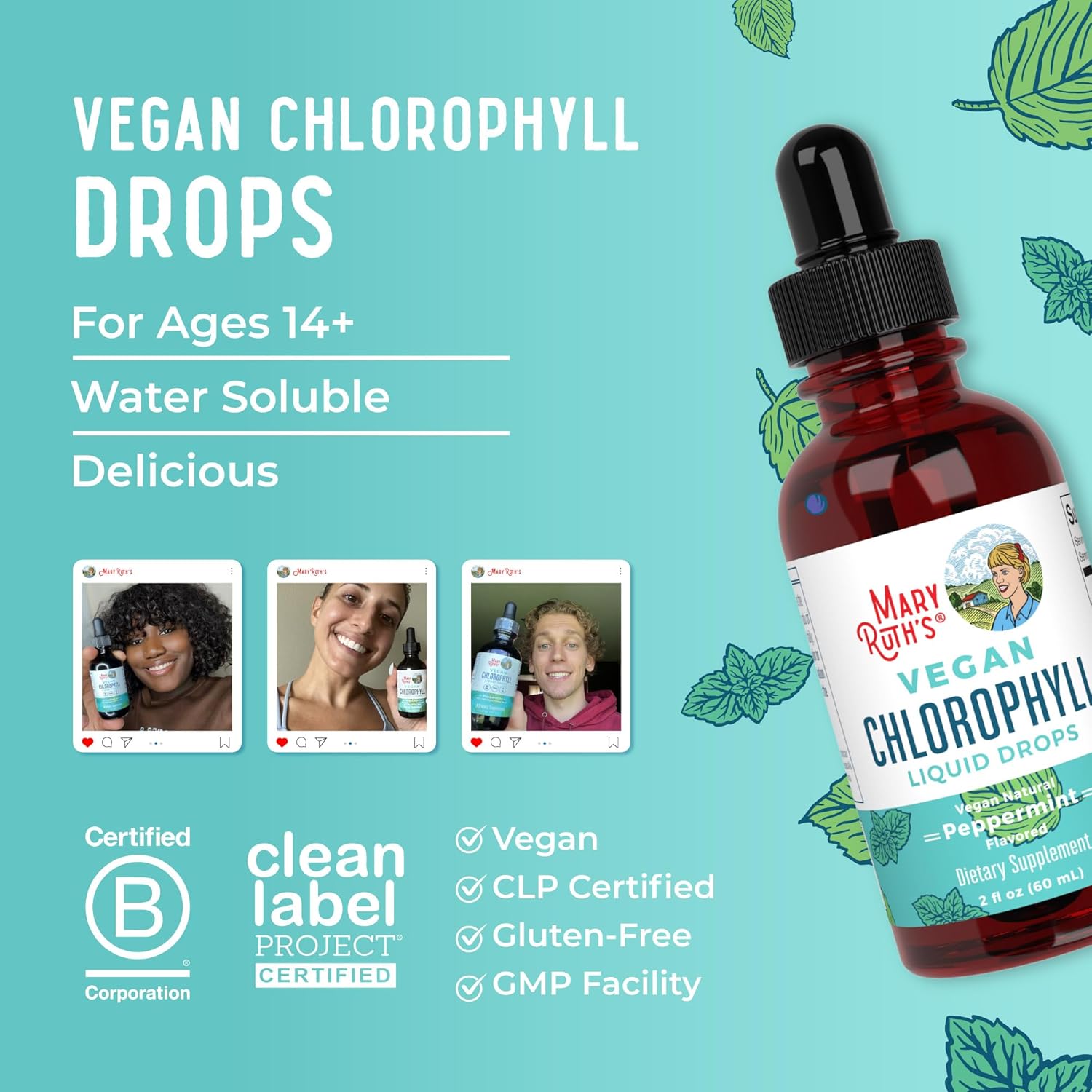 MaryRuth's Chlorophyll Liquid Drops | Clean Label Project Certified® | Vegan | Non-Diluted Liquid Chlorophyll| Mulberry Derived Supplement for Ages 14+ | Non-GMO | Delicious Minty Flavor | 2 Fl Oz - Nirvana Guru