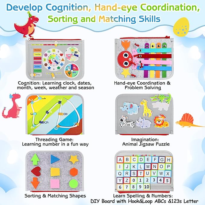 Esjay Toddler Busy Board Montessori Toys for Boys Girls, Sensory Board Educational Activities for Learning Fine Motor Skills, Birthday Gifts for Toddlers, Travel Toys for Airplane Car,Grey Dinosaur nirvanaguru