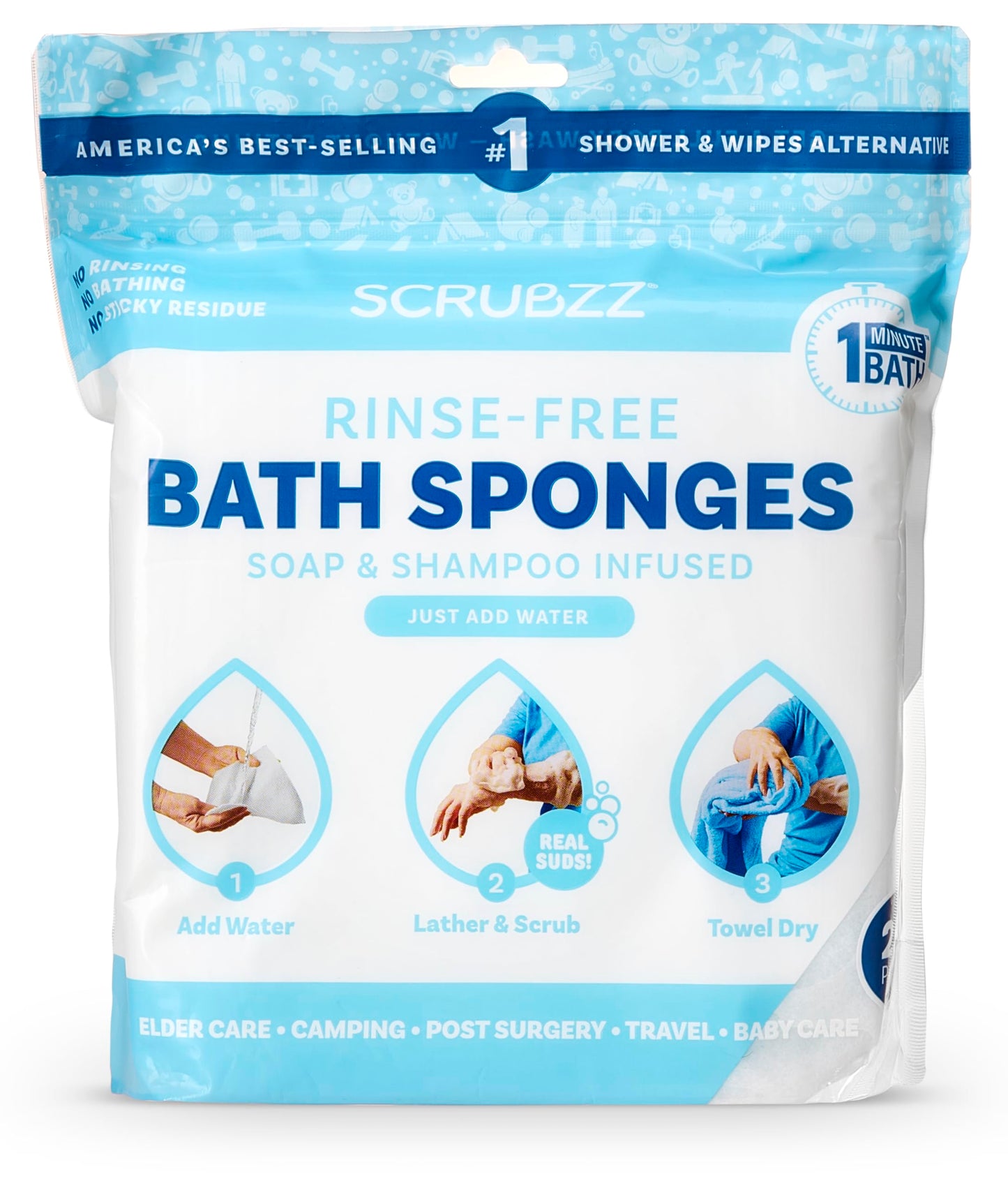 Scrubzz Disposable Rinse Free Bathing Wipes - 25 Pack - All-in-1 Single Use Shower Wipes, Simply Dampen, Lather, and Dry Without Shampoo or Rinsing Nirvana Guru