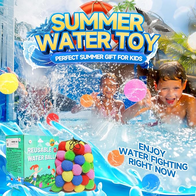 60 Pcs Reusable Water Balls, Reusable Water Balloons for Outdoor Toys and Games, Water Toys for Kids and Adults Boys and Girls - Summer Balls for Pool and Backyard Fun nirvanaguru